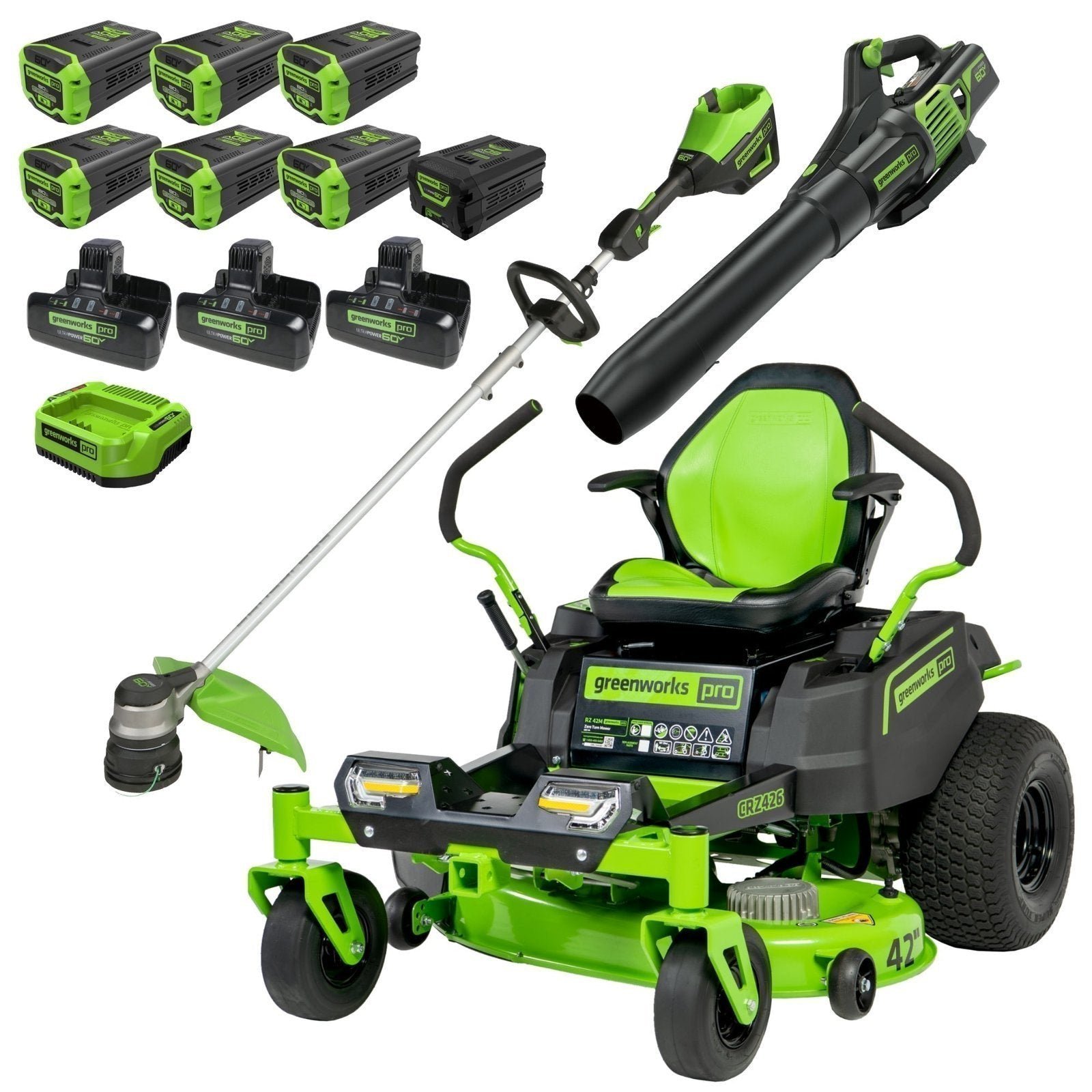 ATFGWTKit-1_9270316f-5840-4bb5-9625-62bd1c16d216.jpg 60V 42″ Cordless Battery CrossoverZ Zero Turn Riding Lawn Mower 3-Tool Combo Kit w/ (6) 8Ah Batteries, One(1) 2.5Ah Battery & Four (4) Chargers - Image 1